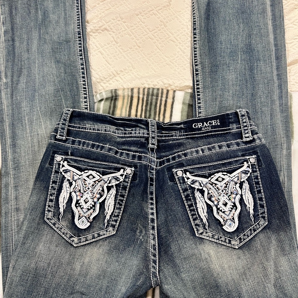 Grace Blue Boot Cut Jeans with Vintage Distressing